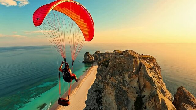 Soaring Above the Coast: A vibrant paraglider soars above a breathtaking coastal landscape. A burst of sunset colors. Capturing the essence of freedom, adventure, and the thrill of flight. 