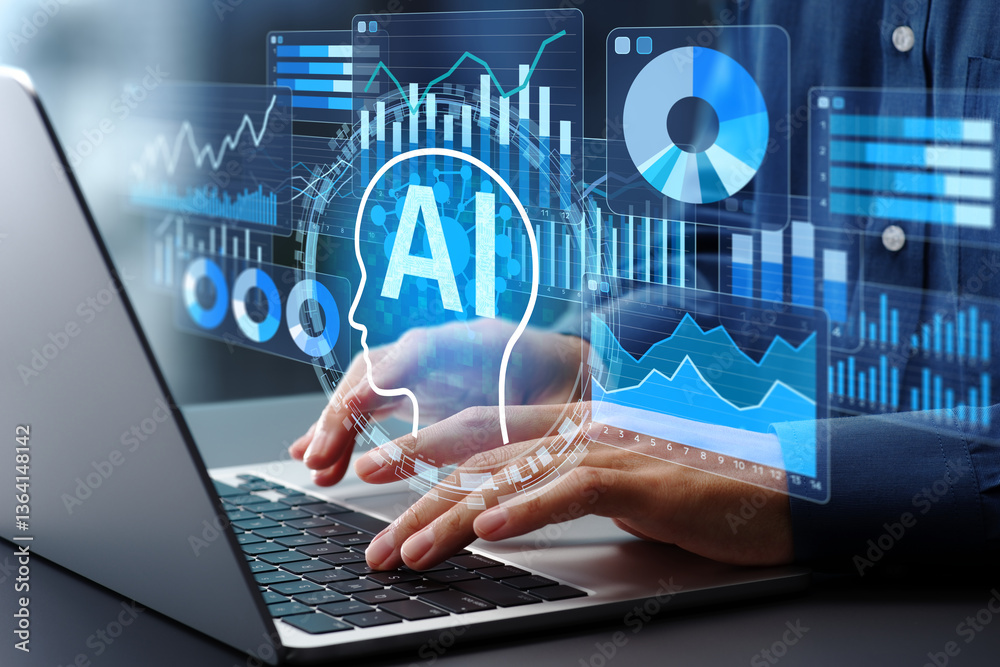 Poster AI web analytics and marketing prediction analysis. Artificial intelligence analyzing customer behavior data. Data scientist using laptop computer to give instructions to AI.
