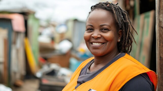 Smiling African Woman Portrait in Orange Vest with Dreadlocks in Urban Setting
