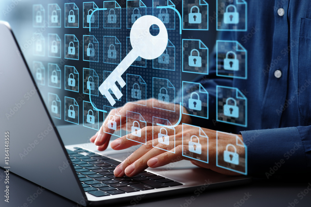 Aufkleber Encryption key management and secure document storage system. File data encryption and access control. Businessman using laptop computer.