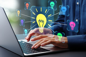 Knowledge management and mapping. Brainstorming and idea creation.  Businessman using laptop computer to create solutions.