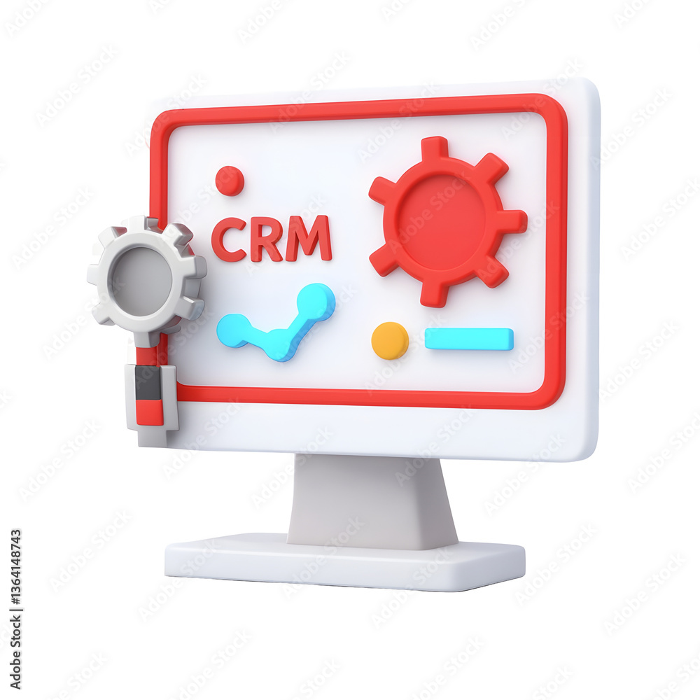 Poster A clean modern 3D rendered icon depicting a CRM Customer Relationship Management dashboard displayed on a computer monitor with a stylized gear and abstract design elements