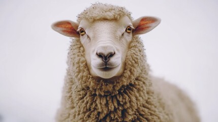 Fototapeta premium Close-Up of a Fluffy Sheep with Curious Expression in Natural Light