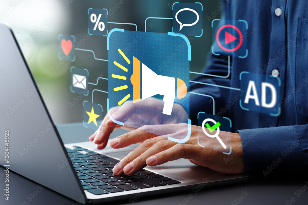 Poster digital marketing strategy. announce promotions and campaigns via email and social media. marketer u