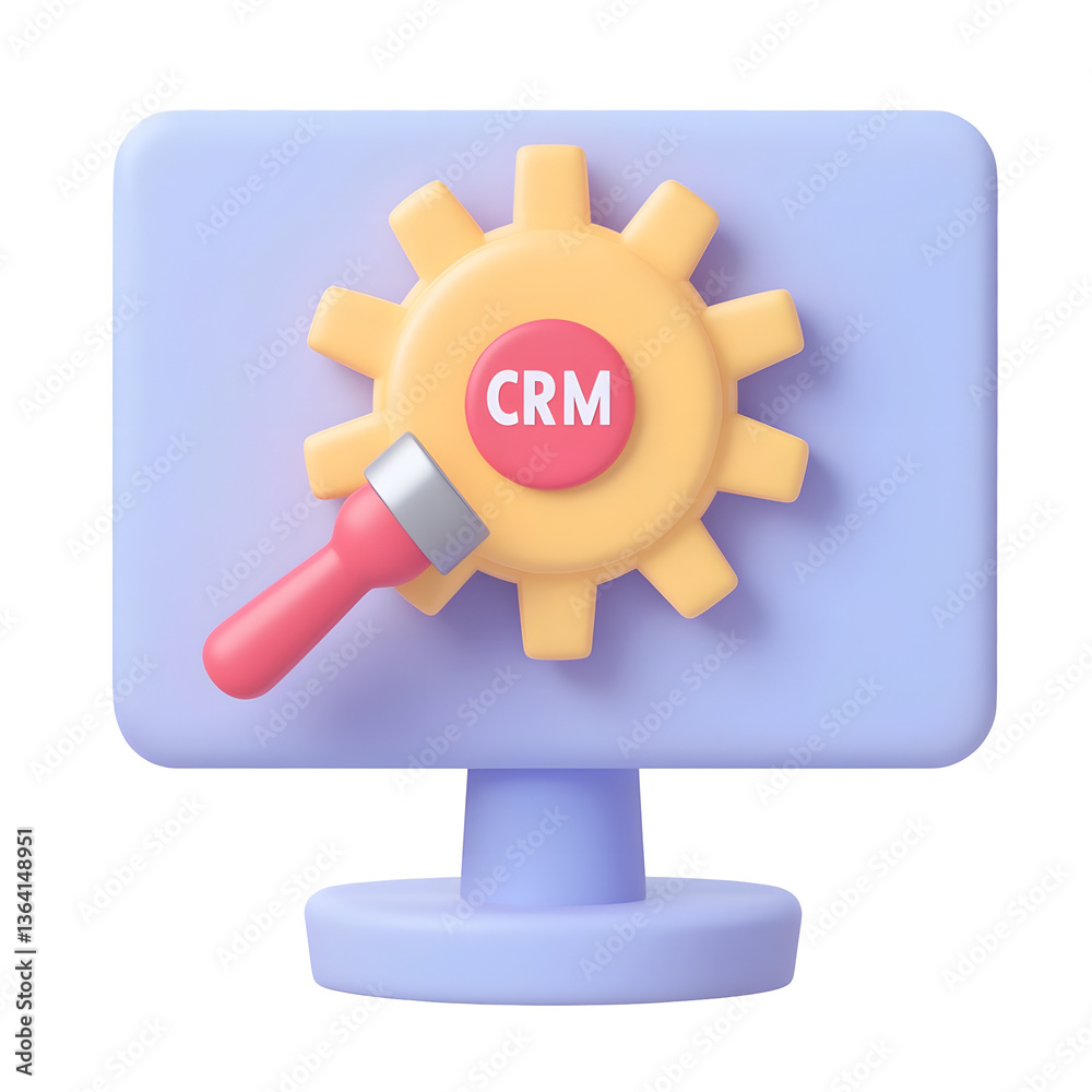 Poster Minimalist 3D icon of a CRM Customer Relationship Management system displayed on a professional computer monitor with a clean and structured UI