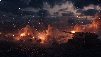 Battlefield chaos explosions and warfare in a war-torn landscape at dusk