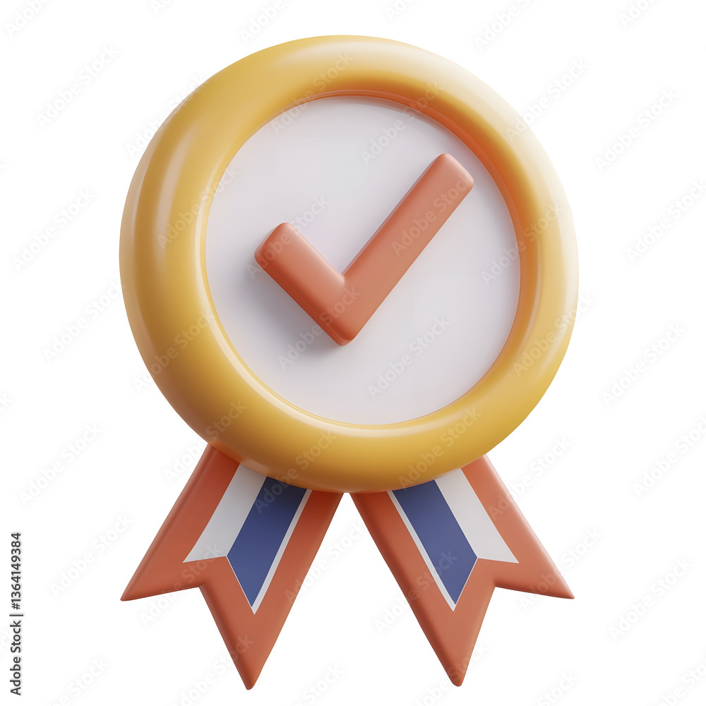 Poster Stylized 3D of an award ribbon icon featuring a round certification style badge with a centered checkmark and elegant ribbon tails designed in a clean and modern UI style on a transparent background