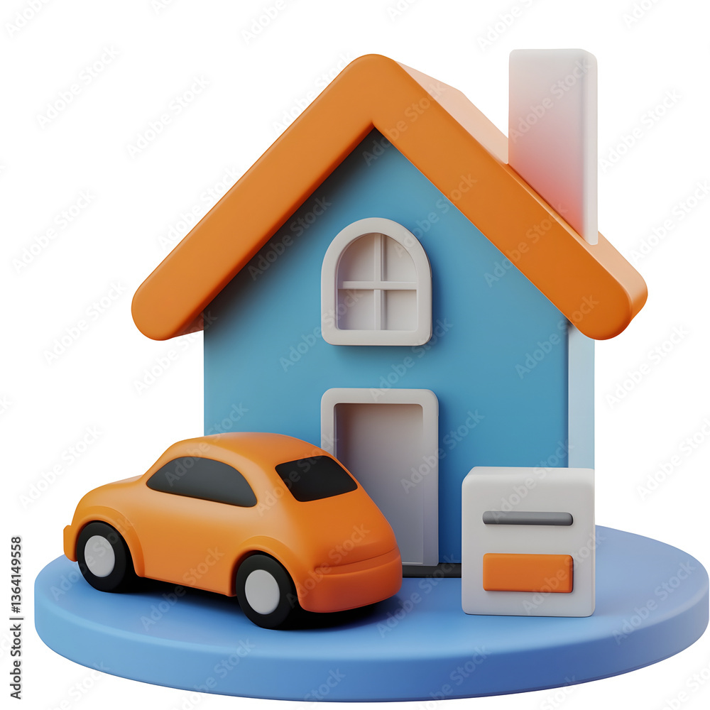 Poster minimalistic 3d rendered of a modern blue and orange house with a compact car parked in the driveway