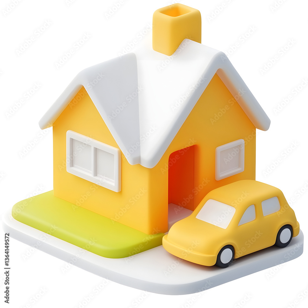 Fototapete A clean geometric 3D rendering of a simple yellow and white modern house with a small car parked in the driveway set against a transparent background