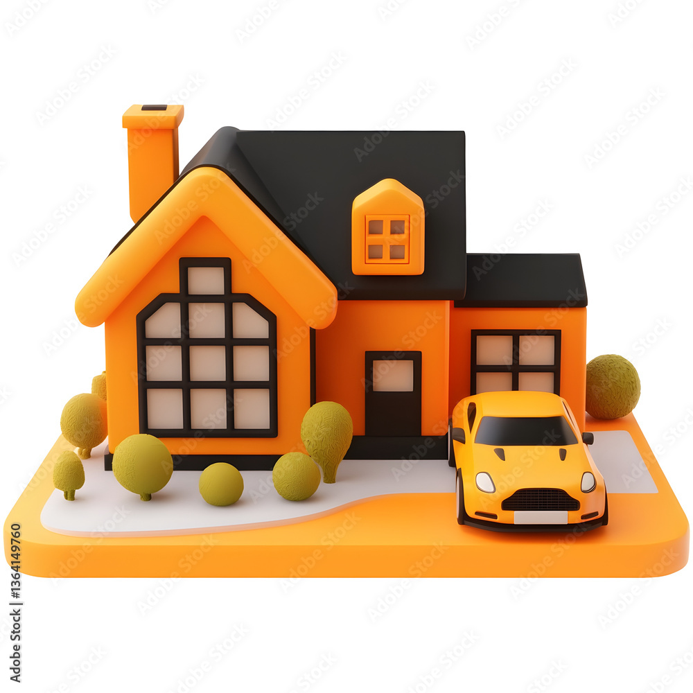 Aufkleber a simple structured 3d render of a small contemporary house with a stylish car parked beside it set 