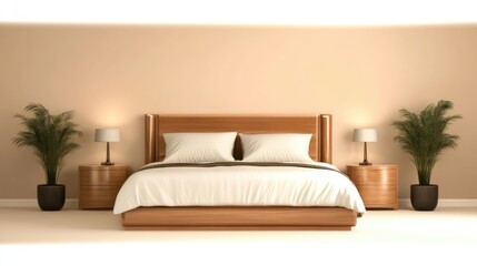 Modern bedroom with light beige walls,  wooden bed, and bedside tables