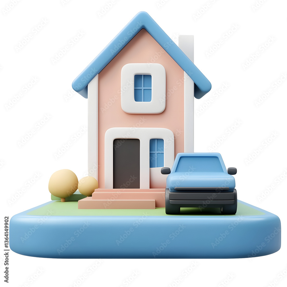Poster A clean modern 3D rendering of a minimalist geometric house design with a small vehicle parked in the front yard against a plain background