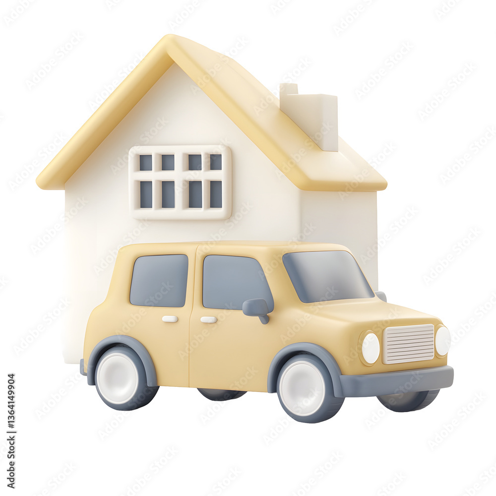Poster A modern minimalist 3D rendering of a charming residential home with a small yellow vehicle parked in the driveway showcasing an elegant and structured design
