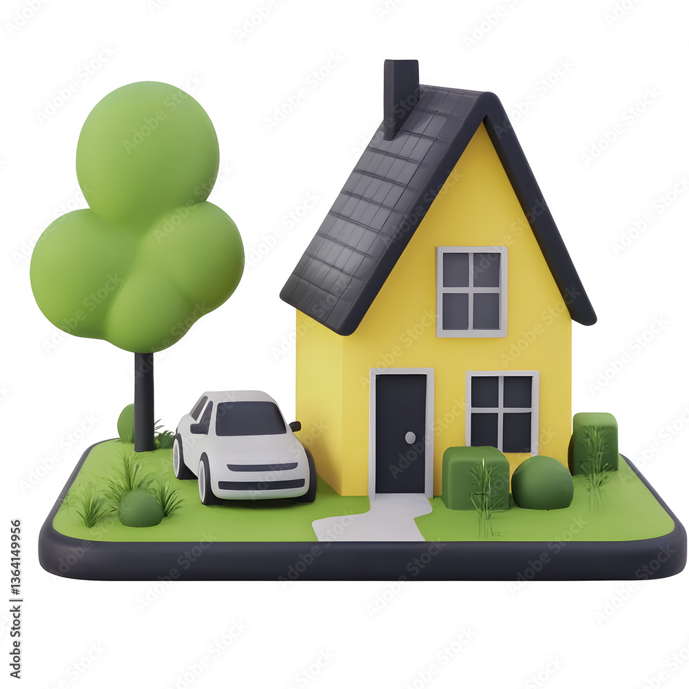 Fototapete a simple minimalist 3d icon depicting a yellow house with a car parked in front surrounded by trees 