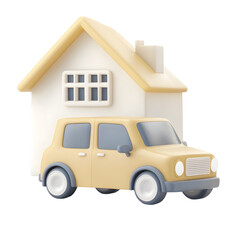 Obraz premium A modern minimalist 3D rendering of a charming residential home with a small yellow vehicle parked in the driveway showcasing an elegant and structured design