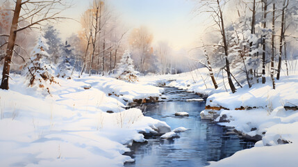 Watercolor wintertime outdoor landscape country road background poster decoration painting
