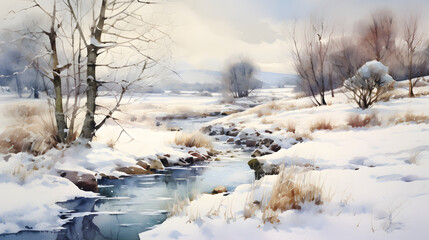 Watercolor wintertime outdoor landscape country road background poster decoration painting