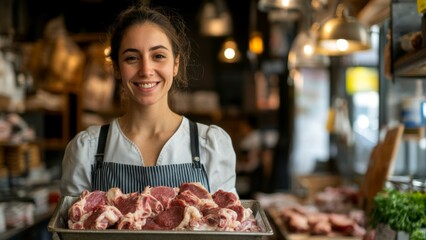 Fototapeta premium Smiling Woman Holding Tray of Raw Fresh Meat Cuts in a Brightly Lit Market