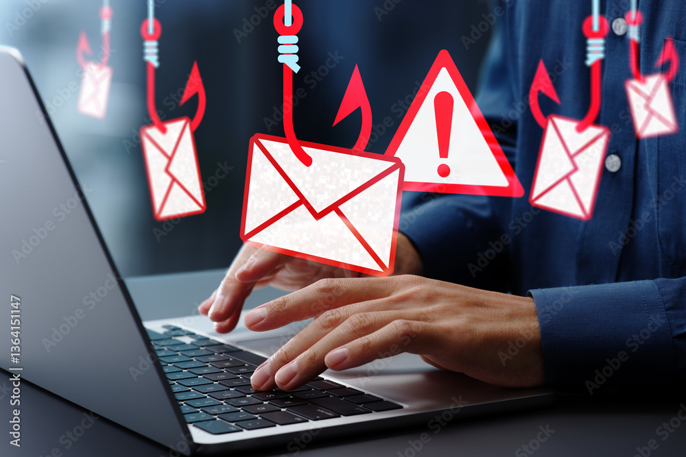 Leinwandbilder Phishing email scams and personal information theft. Hooked email icon. Warning triangle icon with exclamation mark. Man using laptop computer to open and respond to emails.