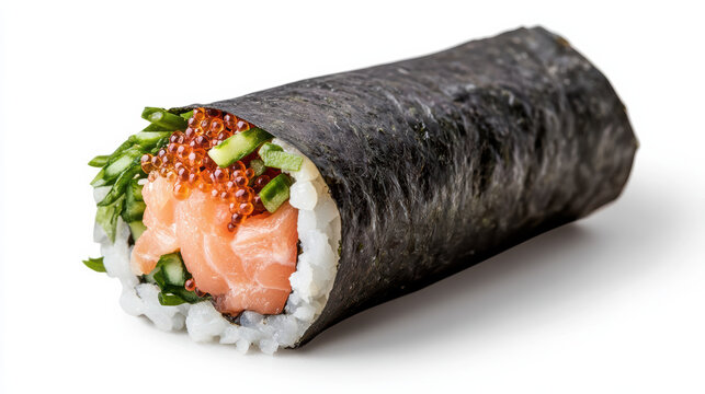 delicious sushi hand roll featuring fresh salmon, vibrant green vegetables, and bright orange
