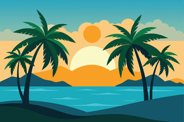 Fototapeta premium Tropical Sunset Paradise: A serene tropical landscape showcases lush palm trees silhouetted against a vibrant sunset, painting a picture of tranquility.