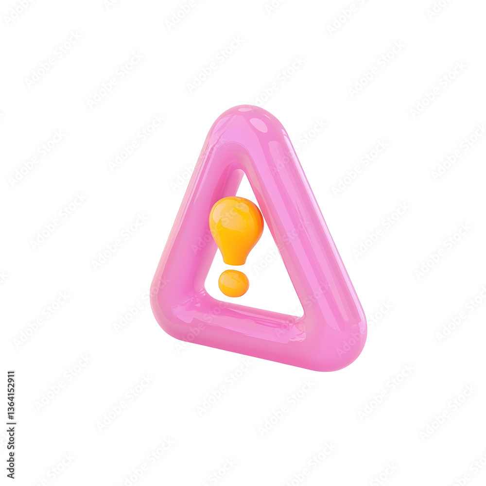 Poster Close up 3D render of a vibrant pink triangular warning icon with a bold yellow exclamation mark for website UI or digital designs
