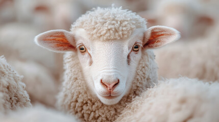 close up of sheep with soft wool, showcasing its gentle expression and curious eyes