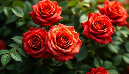 Obraz premium Blooming Red Roses in Garden with Green Leaves Romantic Display