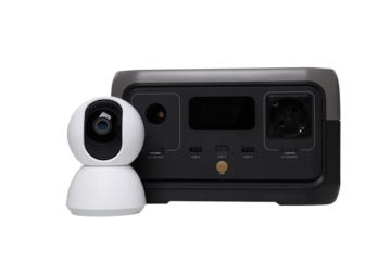 PNG,CCTV camera with a charging station, isolated on white background