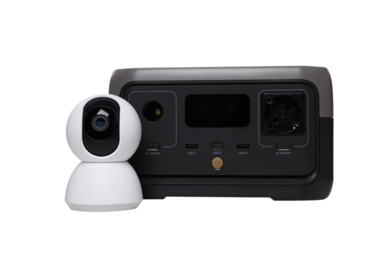 PNG,CCTV camera with a charging station, isolated on white background
