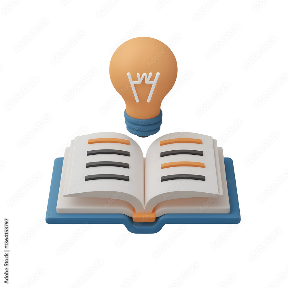 Poster Crisp and detailed 3D render of a minimalistic learning icon showcasing an open book with neat curved pages and a bright glowing lightbulb above a smooth