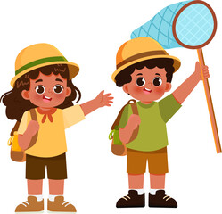 Childrens Playing and Catching Insect and Butterfly with Bugs Net in Forest Adventure Illustration