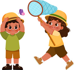 Childrens Playing and Catching Insect and Butterfly with Bugs Net in Forest Adventure Illustration