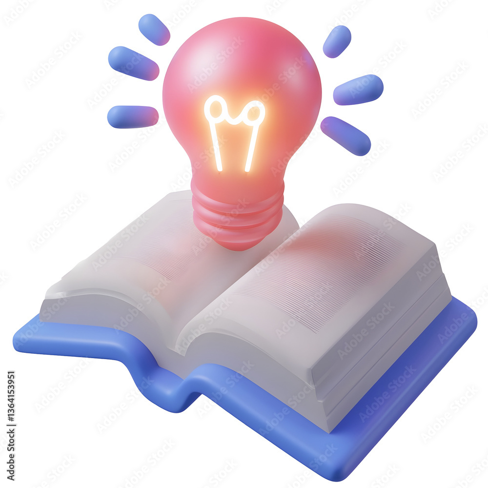 Poster A minimalist 3D icon representing the concept of knowledge and an open book with a bright luminous light bulb hovering above conveying a modern and professional user interface design