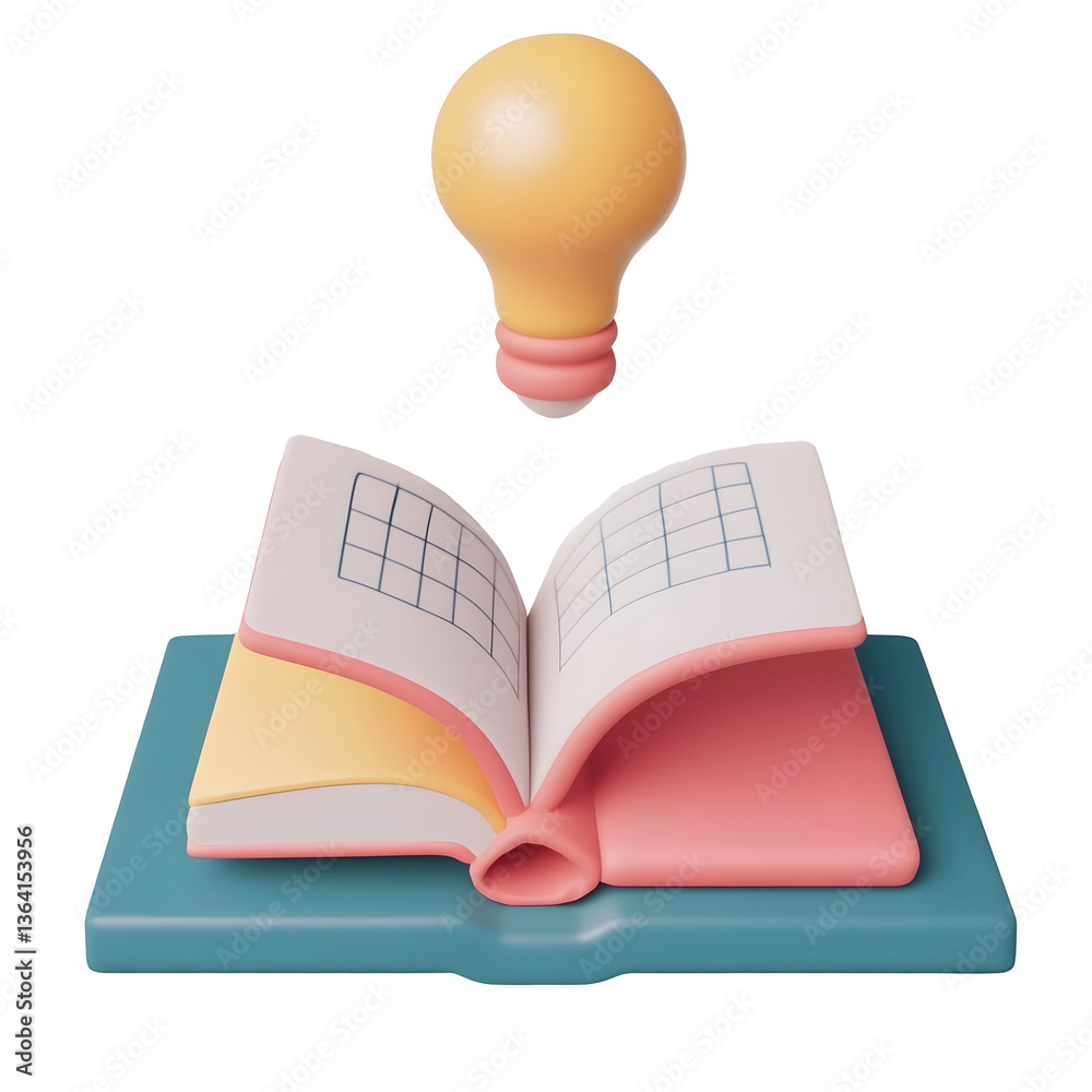 Aufkleber A minimalist 3D icon featuring an open book with a luminous light bulb above symbolizing the connection between knowledge learning and