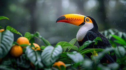 Obraz premium A toucan with its vibrant beak in a lush rainforest. HD 8K wallpaper Photographic Image
