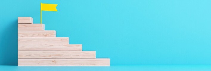 Obraz premium Minimalist Representation Of Success With Wooden Stairs And Yellow Flag Against Blue Background