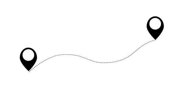 Location pointers sign, pin icon, navigation map search concept, Two location pins connected by a dashed line animated on background.