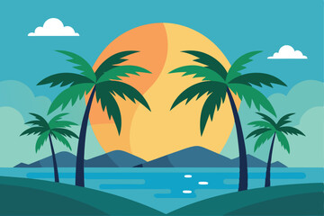 Tropical Sunset Paradise: A stunning sunset over a tranquil sea, silhouetting lush palm trees against a backdrop of rolling hills, fluffy clouds, and a radiant sky.