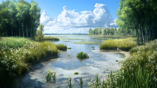 A visual of shrinking wetlands with exposed mudflats and reduced biodiversity due to climate change.