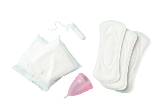 Feminine hygiene and menstruation, Feminine hygiene items: pads, tampons, and cups, isolated on white, PNG