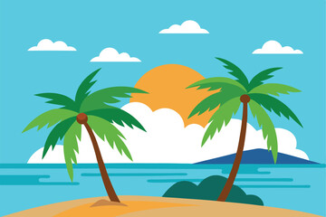 Fototapeta premium Tropical Paradise: A vibrant illustration of a tropical island scene featuring two swaying palm trees, the sun and fluffy clouds, evoking the feel of a sunny day.