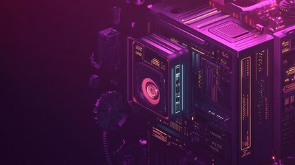 Futuristic Computer Hardware with Neon Lights and Intricate Circuitry Details Isometric View