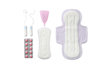 Feminine hygiene and menstruation, Feminine hygiene products: pads, tampons, menstrual cups, and pain relief, isolated on white, PNG