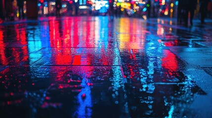 Naklejka premium Rainy night cityscape reflections urban streets night photography vibrant colors low angle mood