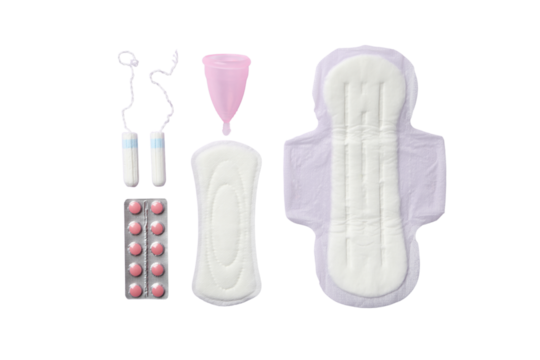 Feminine hygiene and menstruation, Feminine hygiene products: pads, tampons, menstrual cups, and pain relief, isolated on white, PNG - Powered by Adobe