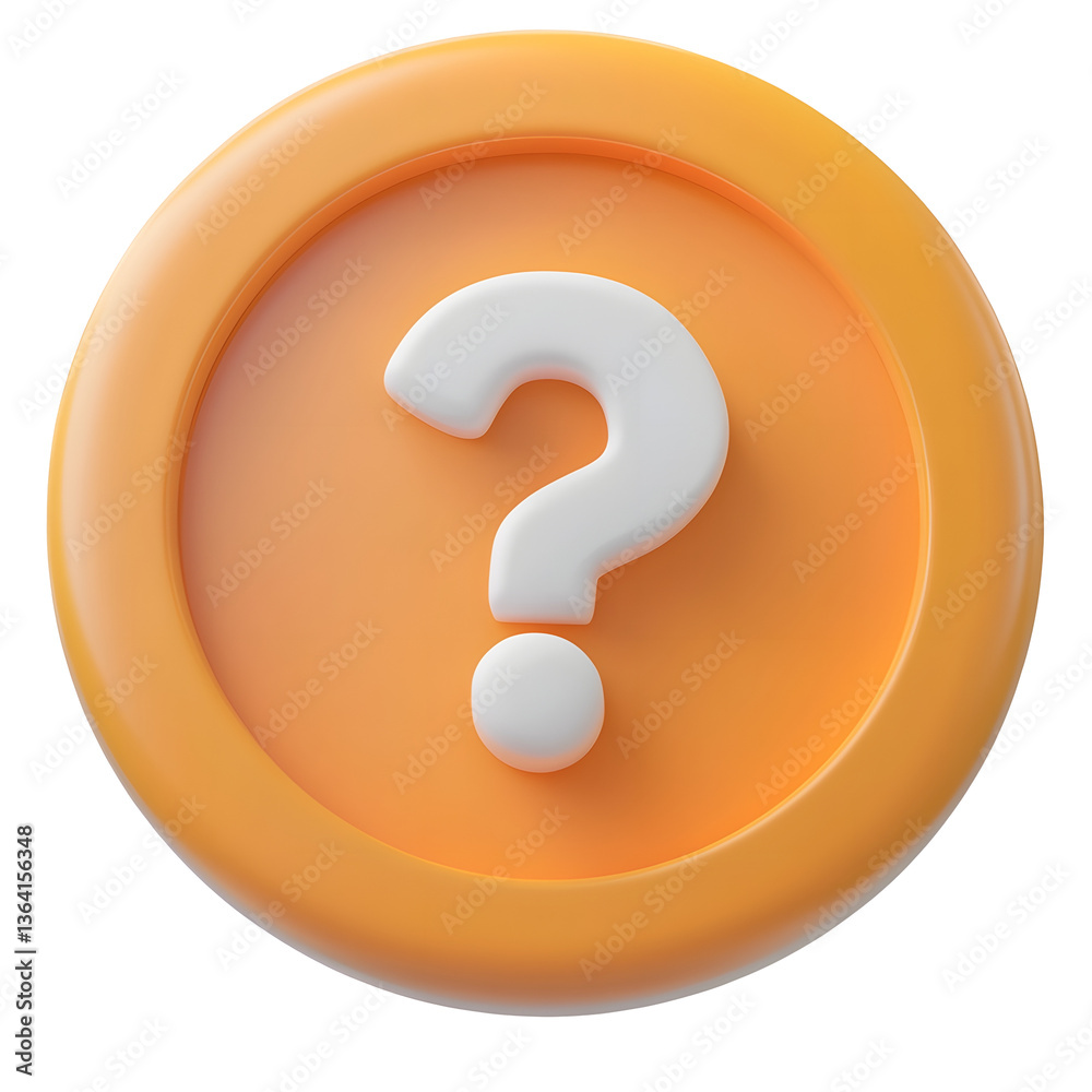 Poster A modern sleek and minimalistic 3D rendering of an orange and white question mark icon on a transparent background representing uncertainty information and need for guidance