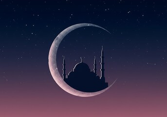 Naklejka premium Mosque Silhouette with Crescent Moon and Starry Sky at Night