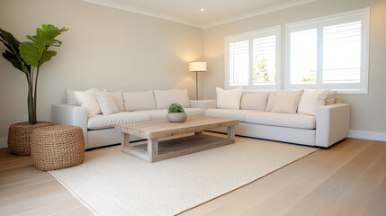 Obraz premium cozy living space featuring eco friendly furniture, natural light, and minimalist design