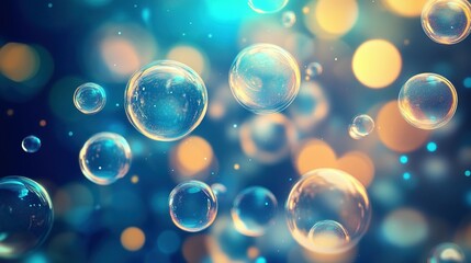 Floating transparent bubbles surrounded by soft blurred illuminated bokeh